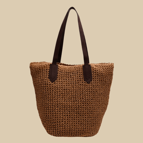 Raffia Tote Bag for Women, Woven Summer Beach and Vacation Purse in Coffee, styled as a SheSelects summer accessory