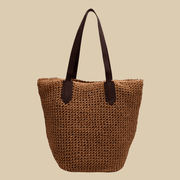 Raffia Tote Bag for Women, Woven Summer Beach and Vacation Purse in Coffee, styled as a SheSelects summer accessory