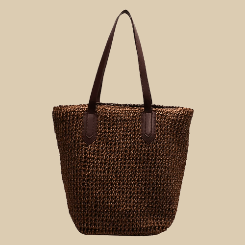 Raffia Tote Bag for Women, Woven Summer Beach and Vacation Purse in Coffee, styled as a SheSelects summer accessory