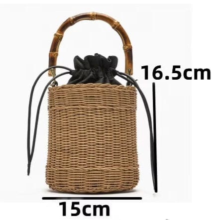Rattan Bucket Bag for Women, Boho Summer Vacation Purse in Brown, styled as a SheSelects summer accessory