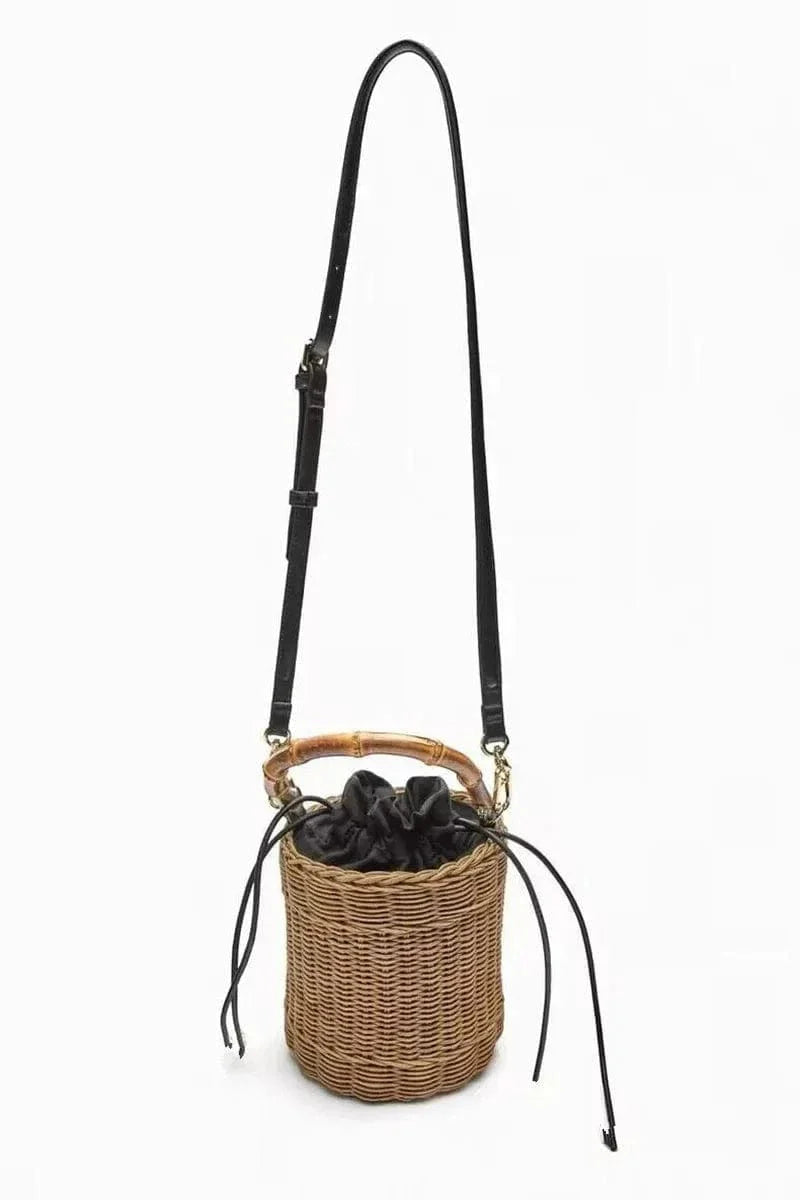 Rattan Bucket Bag for Women, Boho Summer Vacation Purse in Brown, styled as a SheSelects summer accessory