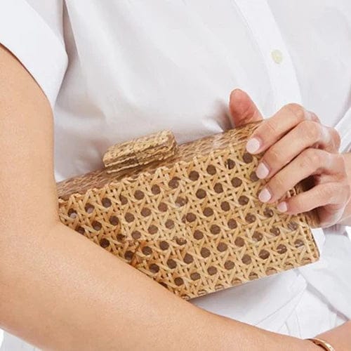 Rattan Clutch Bag for Women, Summer Wedding and Bridesmaid Purse in Natural, styled as a SheSelects summer accessory