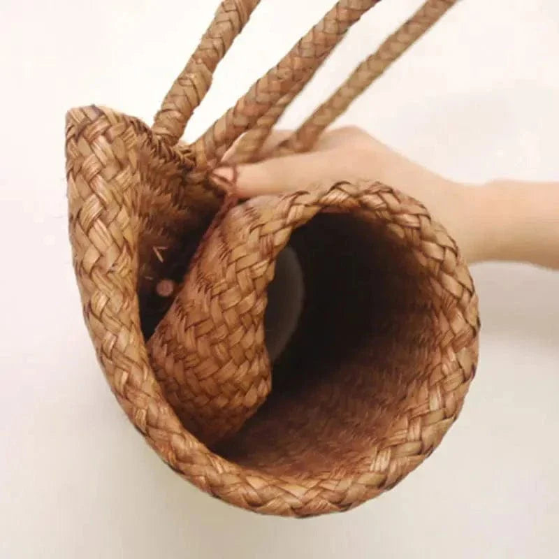 Rattan Tote Bag for Women, Woven Summer Beach and Vacation Purse, styled as a SheSelects summer accessory