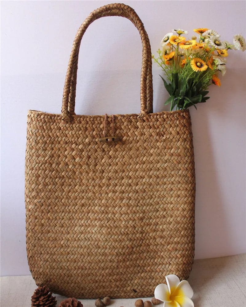 Rattan Tote Bag for Women, Woven Summer Beach and Vacation Purse, styled as a SheSelects summer accessory
