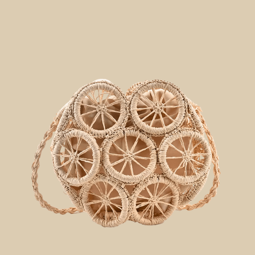 Rattan Shoulder Bag for Women, Natural Woven Summer Purse in Beige, styled as a SheSelects summer accessory