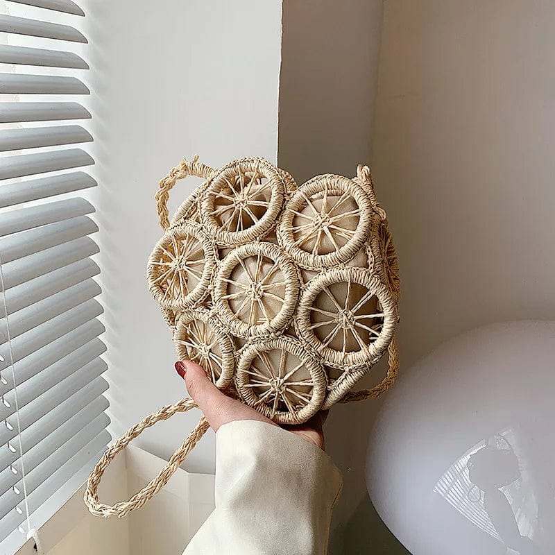 Rattan Shoulder Bag for Women, Natural Woven Summer Purse in Beige, styled as a SheSelects summer accessory