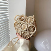 Rattan Shoulder Bag for Women, Natural Woven Summer Purse in Beige, styled as a SheSelects summer accessory