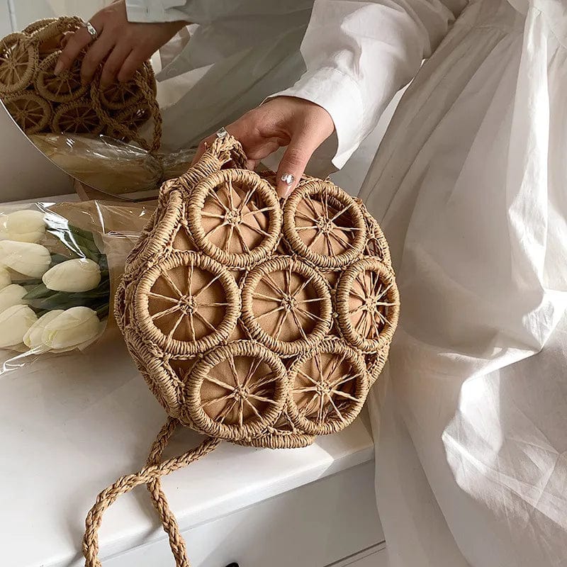 Rattan Shoulder Bag for Women, Natural Woven Summer Purse in Beige, styled as a SheSelects summer accessory