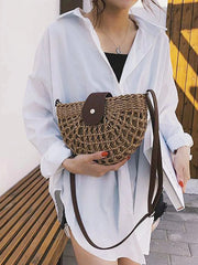 Straw Round Bag for Women, Boho Summer Crossbody Purse in Beige, styled as a SheSelects summer accessory