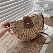 Straw Round Bag for Women, Boho Summer Crossbody Purse in Beige, styled as a SheSelects summer accessory