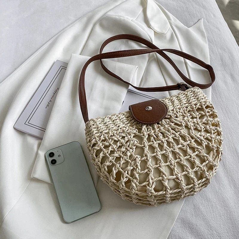 Straw Round Bag for Women, Boho Summer Crossbody Purse in Beige, styled as a SheSelects summer accessory
