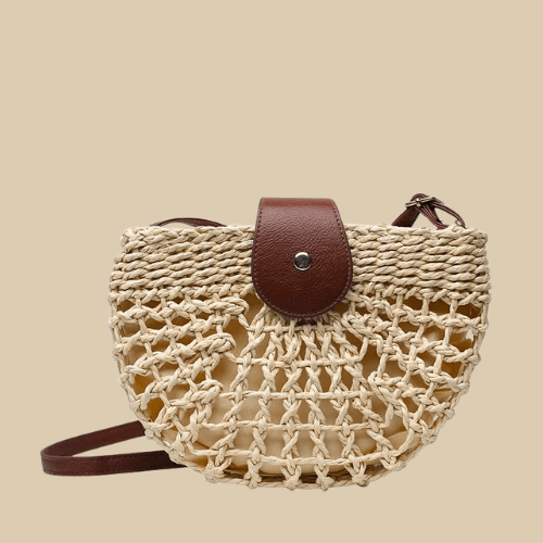 Straw Round Bag for Women, Boho Summer Crossbody Purse in Beige, styled as a SheSelects summer accessory