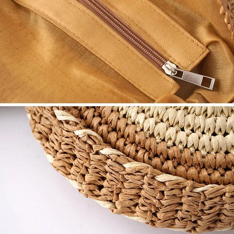 Straw Round Bag for Women, Boho Summer Crossbody Purse in Coffee, styled as a SheSelects summer accessory