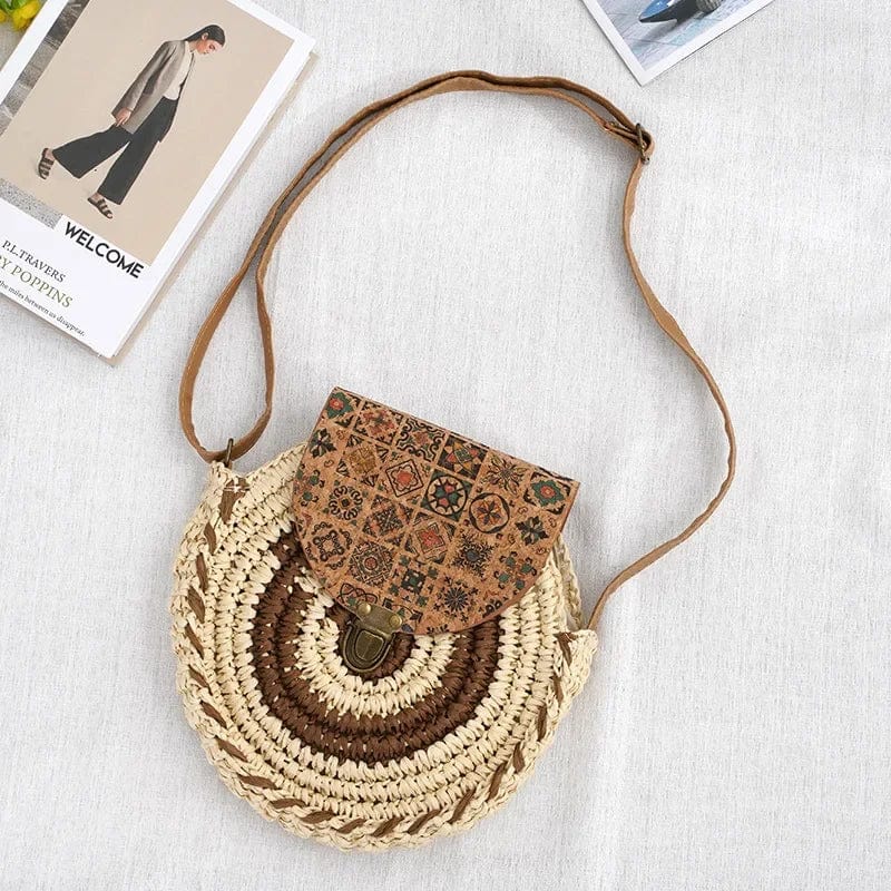 Straw Round Bag for Women, Boho Summer Crossbody Purse in Coffee, styled as a SheSelects summer accessory