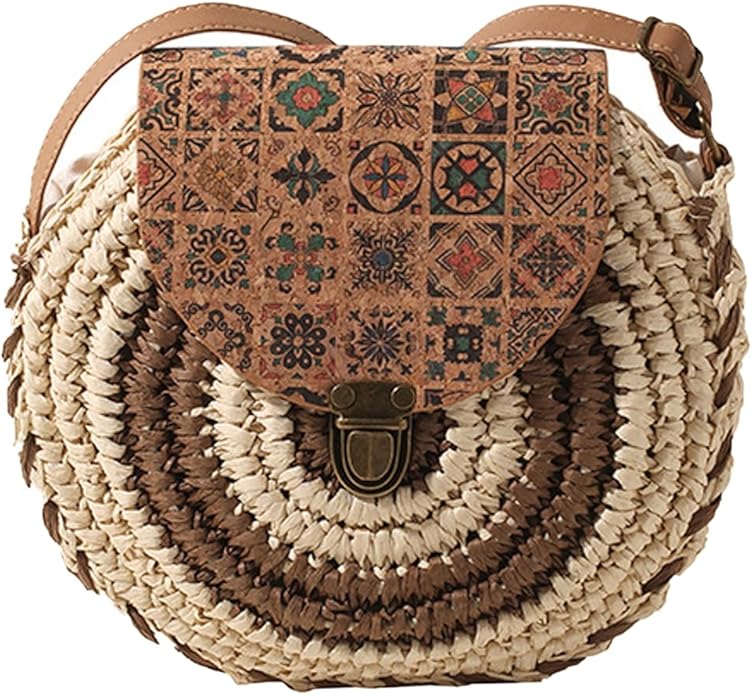Straw Round Bag for Women, Boho Summer Crossbody Purse in Coffee, styled as a SheSelects summer accessory