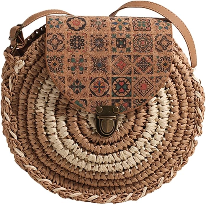 Straw Round Bag for Women, Boho Summer Crossbody Purse in Coffee, styled as a SheSelects summer accessory