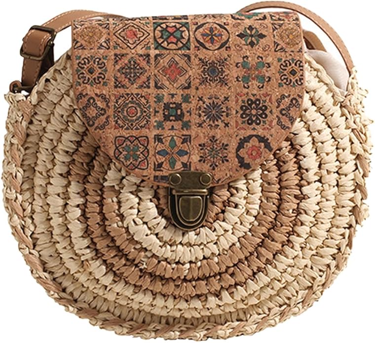 Straw Round Bag for Women, Boho Summer Crossbody Purse in Coffee, styled as a SheSelects summer accessory