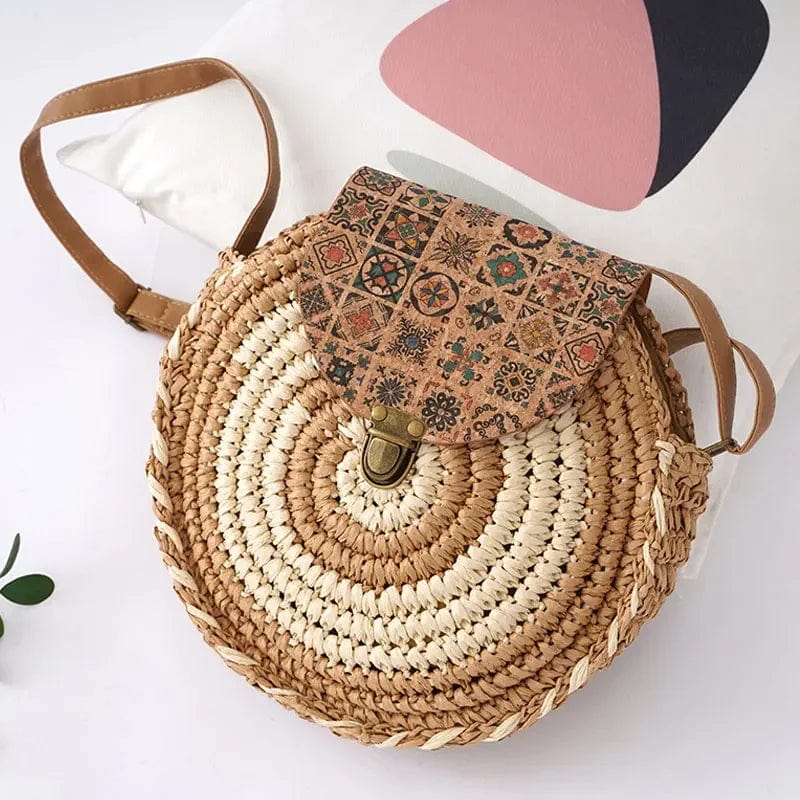 Straw Round Bag for Women, Boho Summer Crossbody Purse in Coffee, styled as a SheSelects summer accessory
