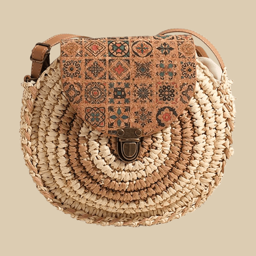 Straw Round Bag for Women, Boho Summer Crossbody Purse in Coffee, styled as a SheSelects summer accessory