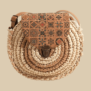 Straw Round Bag for Women, Boho Summer Crossbody Purse in Coffee, styled as a SheSelects summer accessory