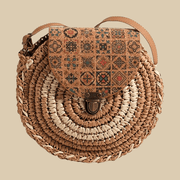 Straw Round Bag for Women, Boho Summer Crossbody Purse in Coffee, styled as a SheSelects summer accessory