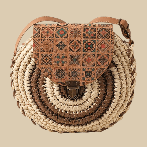 Straw Round Bag for Women, Boho Summer Crossbody Purse in Coffee, styled as a SheSelects summer accessory