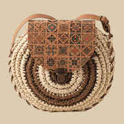 Straw Round Bag for Women, Boho Summer Crossbody Purse in Coffee, styled as a SheSelects summer accessory
