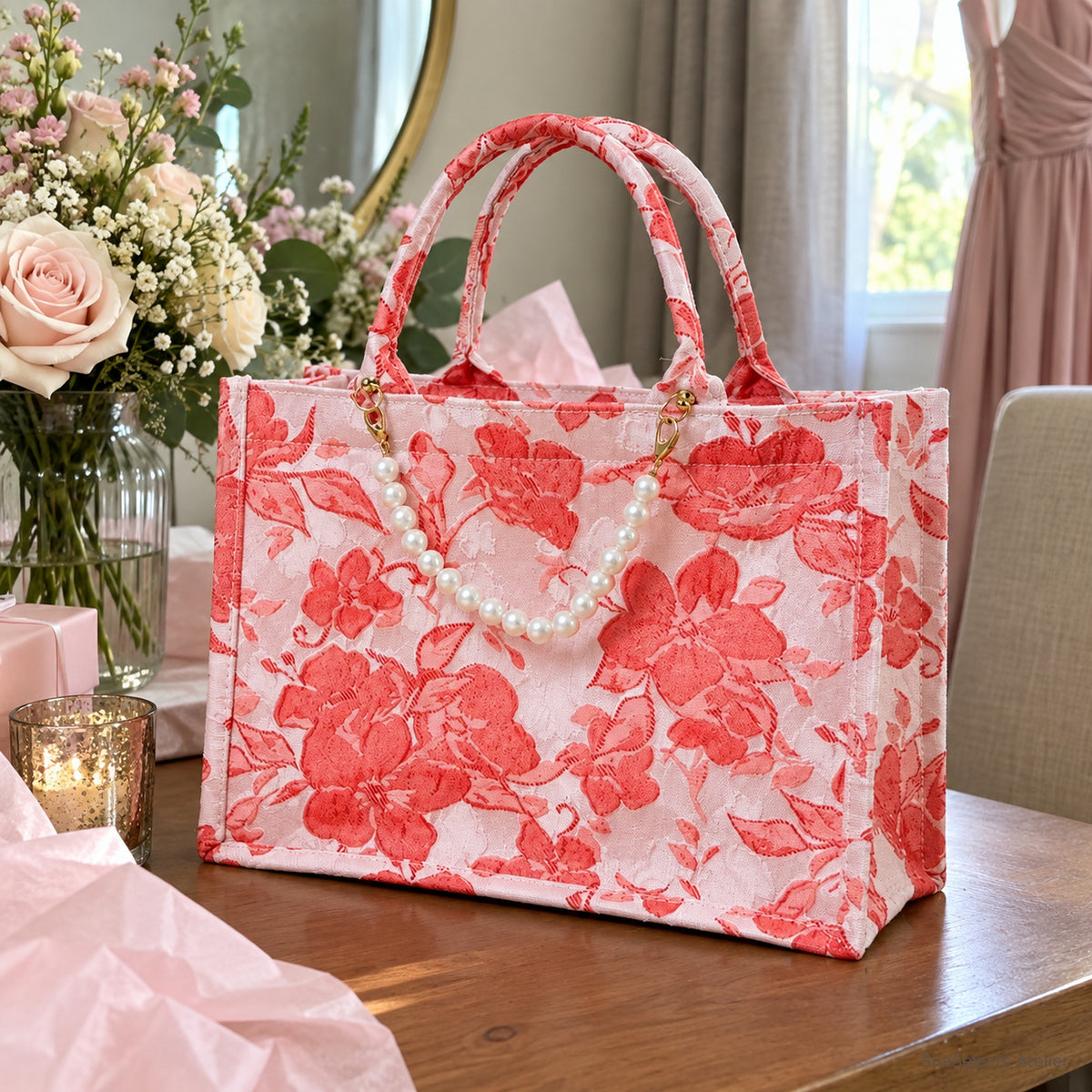 Florence floral canvas bridesmaid gift tote, pink flowers with pearl
