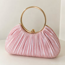 Plissierte Satin-Abendclutch, Brauttasche mit goldenem Ringgriff und Envelope-Tasche