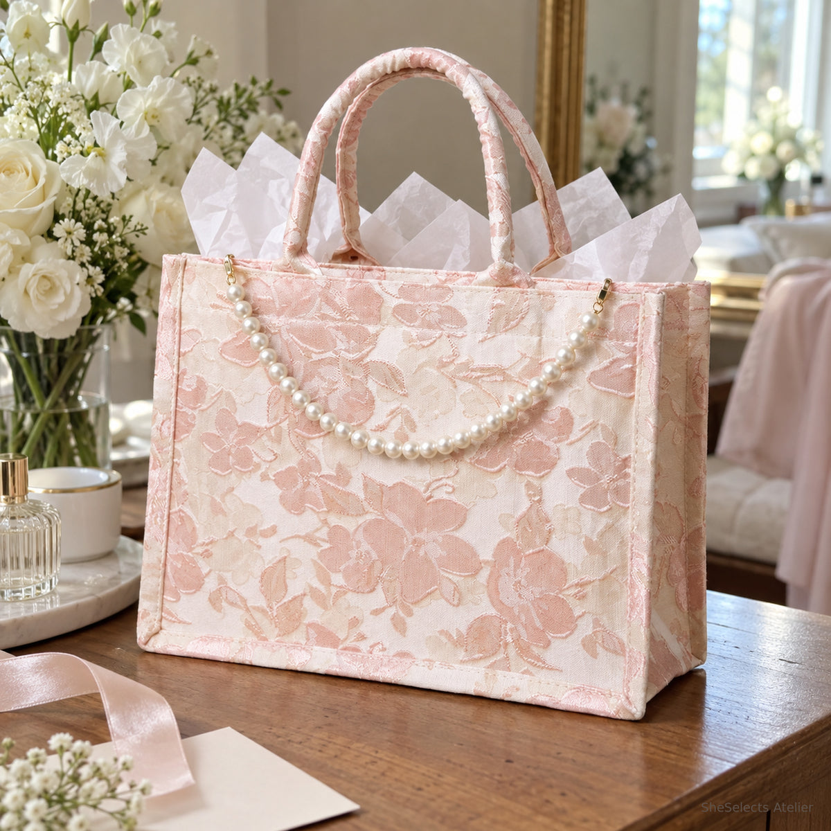 Florence floral canvas bridesmaid gift tote, white flowers with pearl