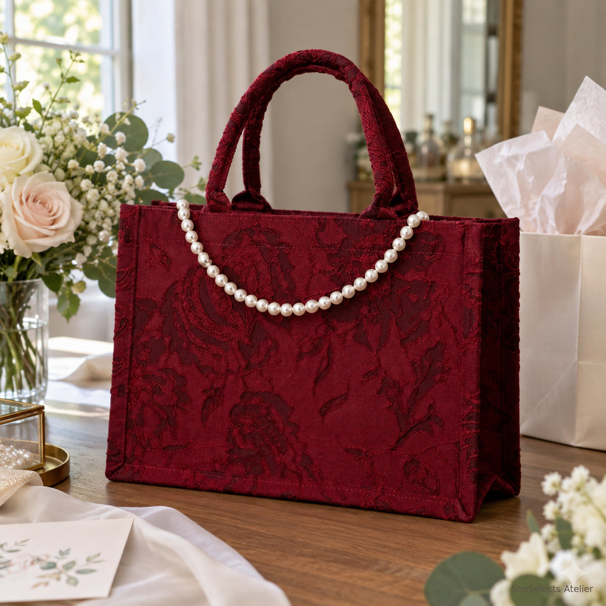 Florence floral canvas bridesmaid gift tote, wine red with pearl