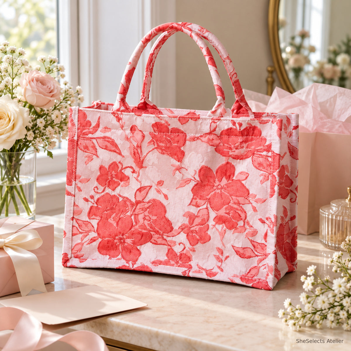 Florence floral canvas bridesmaid gift tote, pink flowers without pearl
