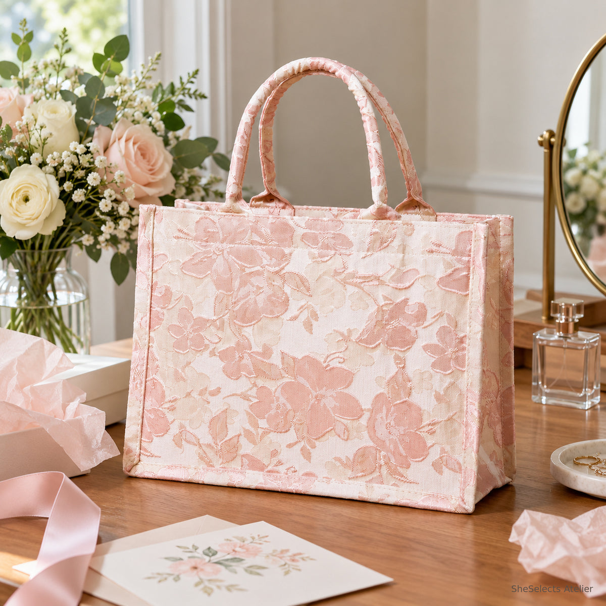 Florence floral canvas bridesmaid gift tote, white flowers without pearl