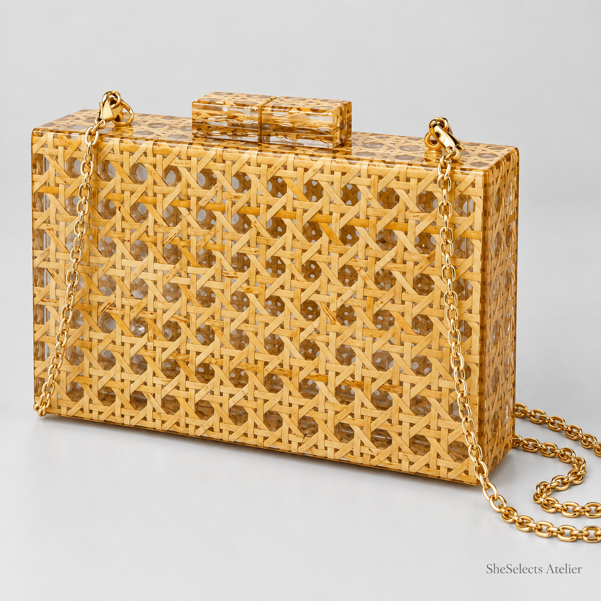 Three-quarter view of the Aurelia acrylic bag and gold-tone chain