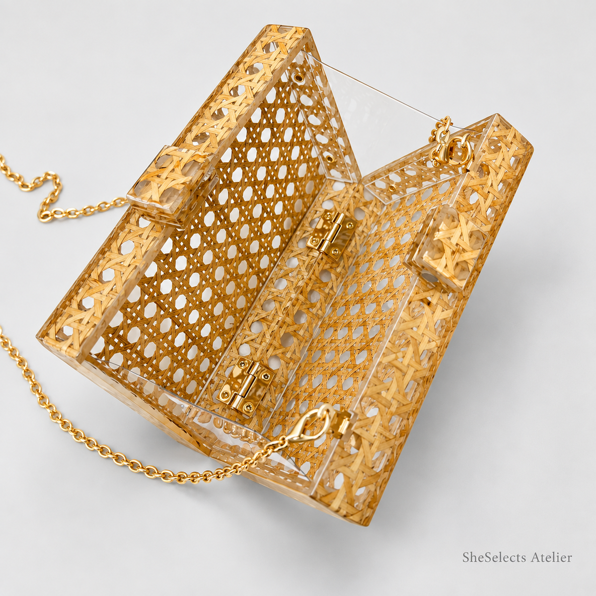 Open Aurelia bag showing the unlined interior and gold-tone hinges