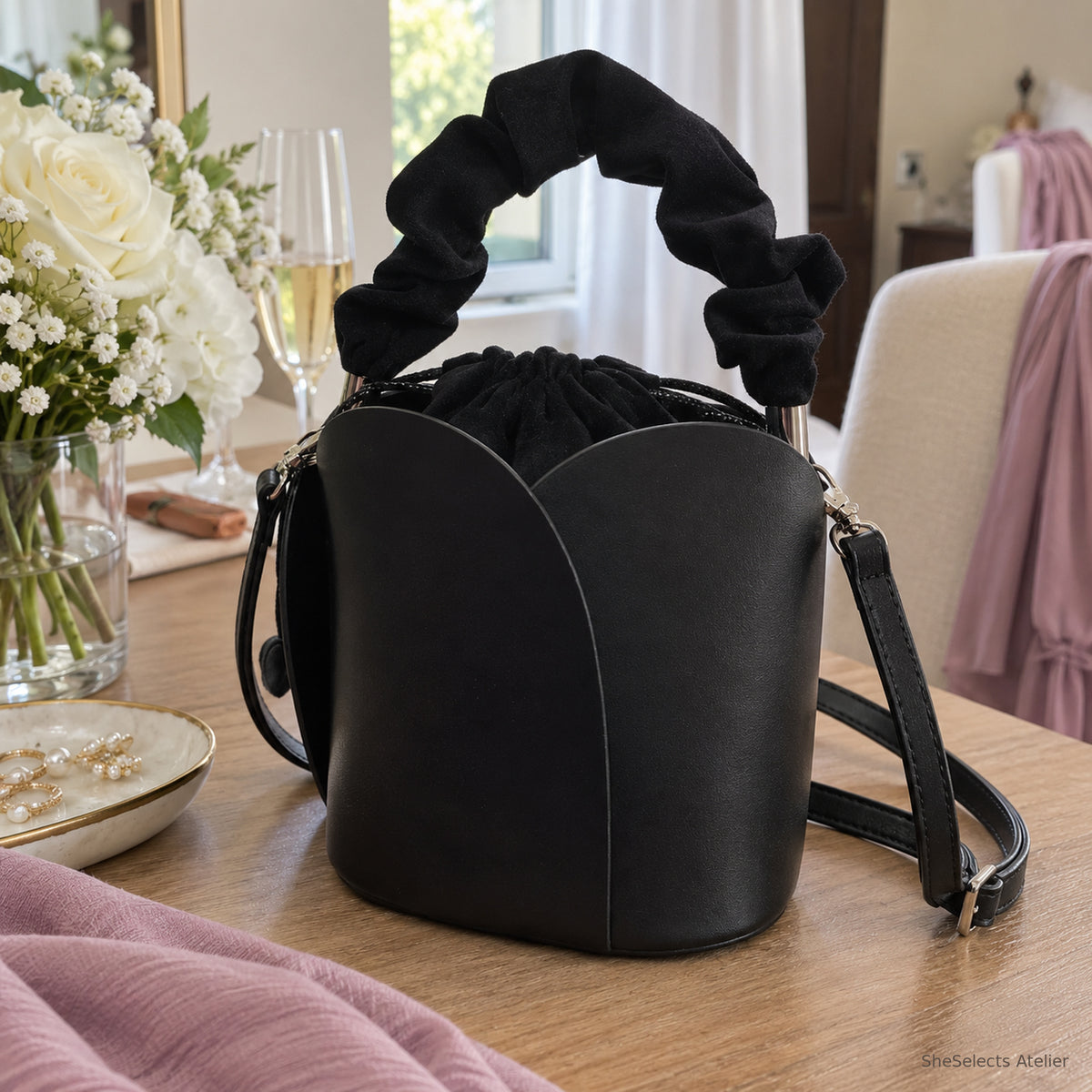 SheSelects Atelier petal bucket bag black front for wedding and bridesmaid weekend