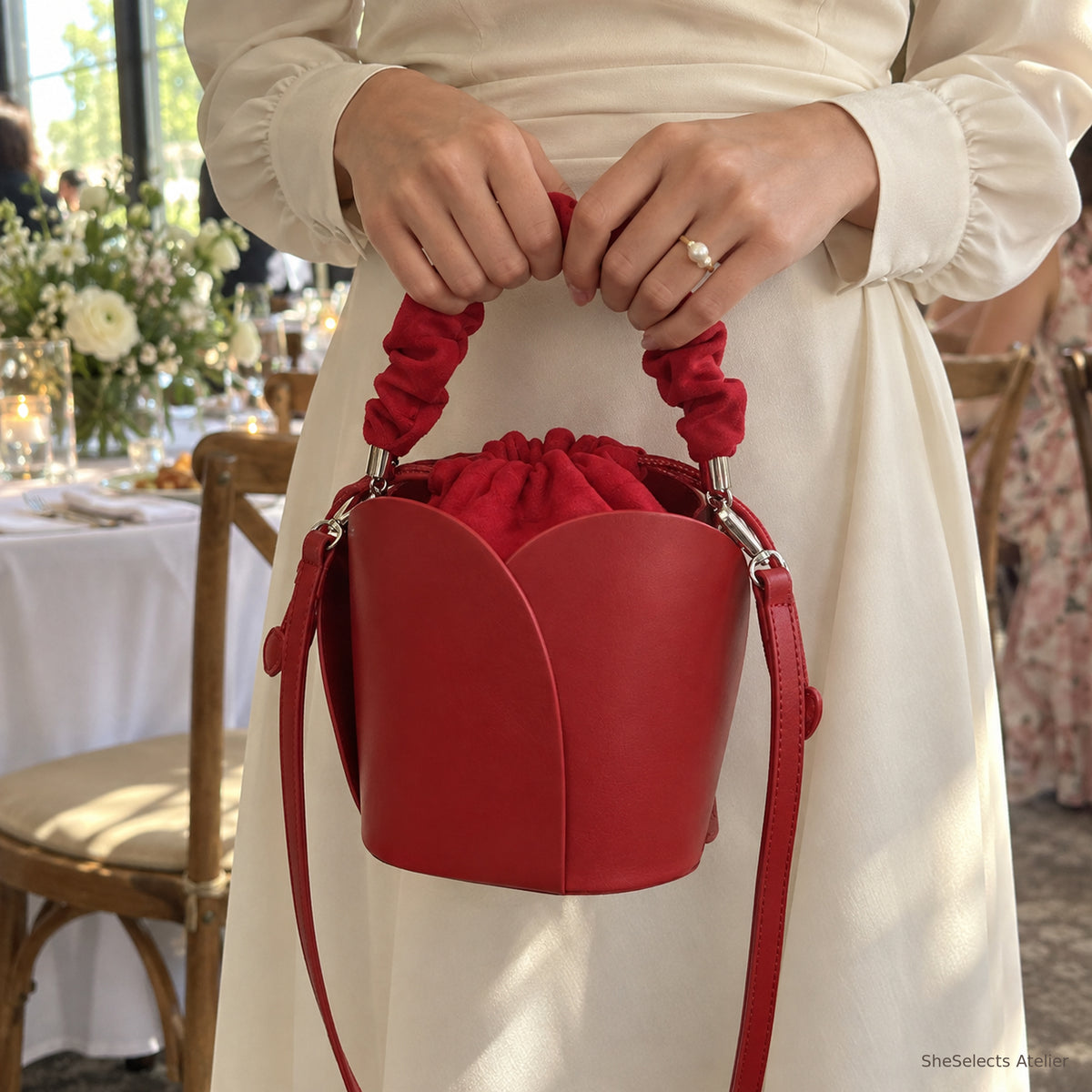 SheSelects Atelier petal bucket bag red hand for wedding and bridesmaid weekend