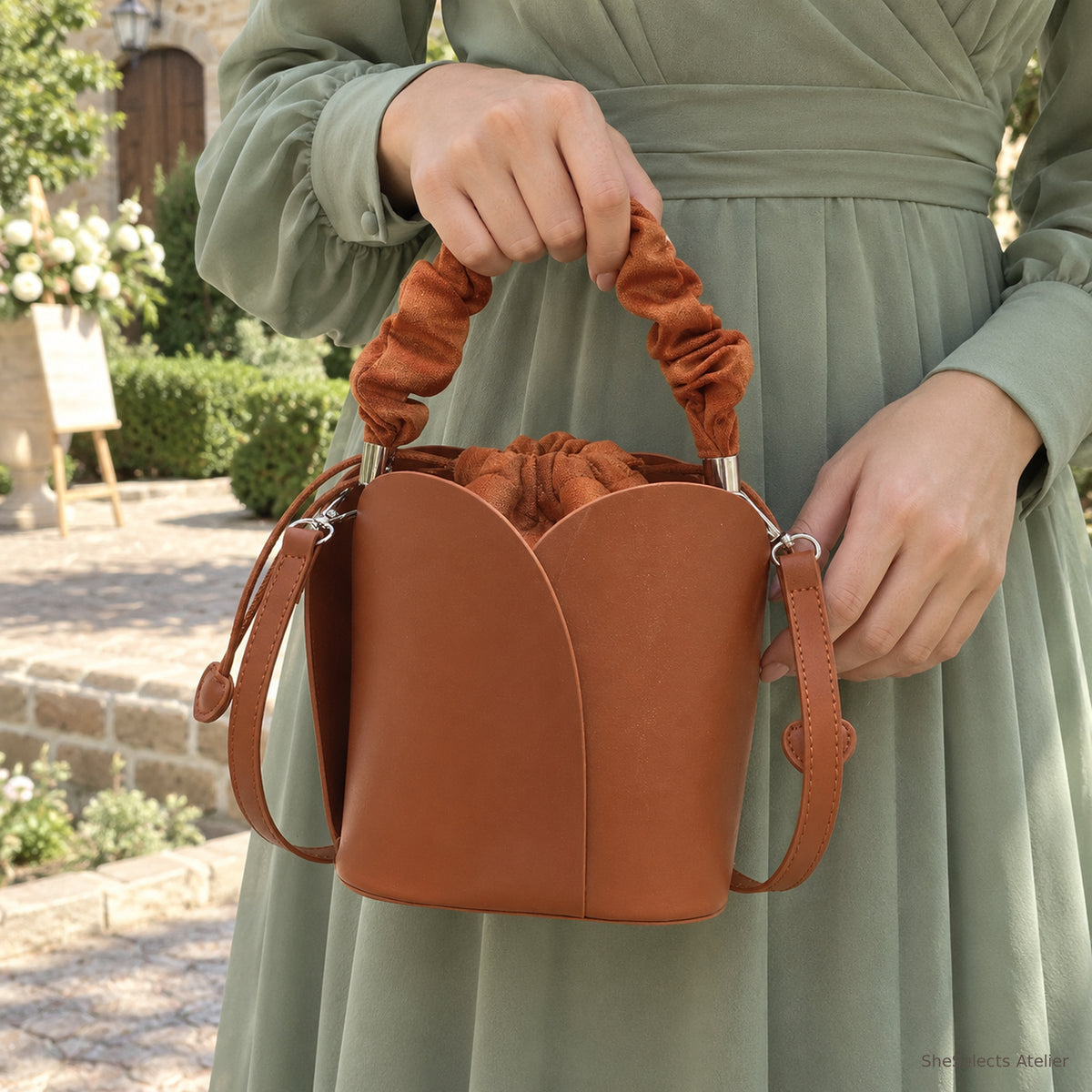 SheSelects Atelier petal bucket bag brown hand for wedding and bridesmaid weekend
