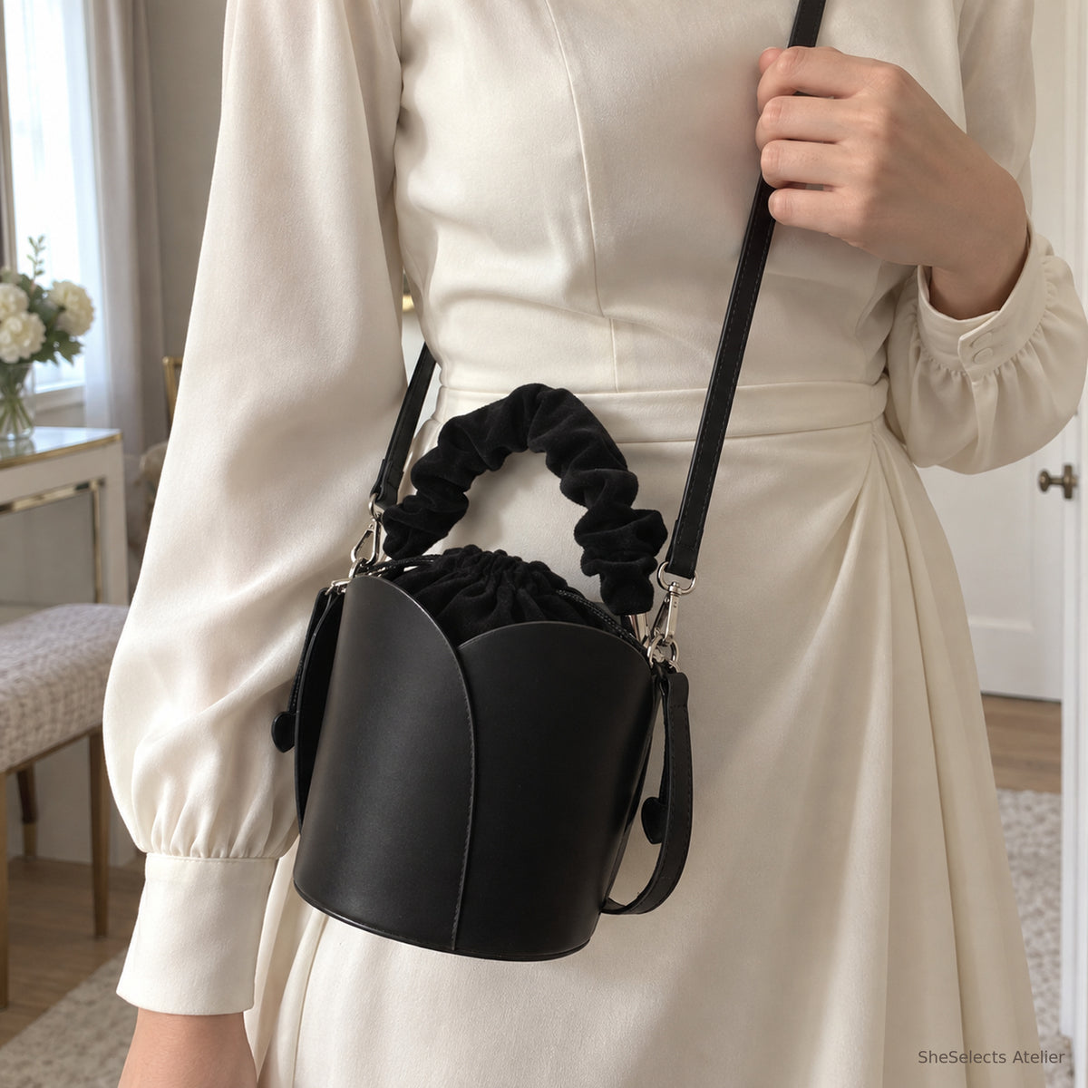 SheSelects Atelier petal bucket bag black crossbody for wedding and bridesmaid weekend