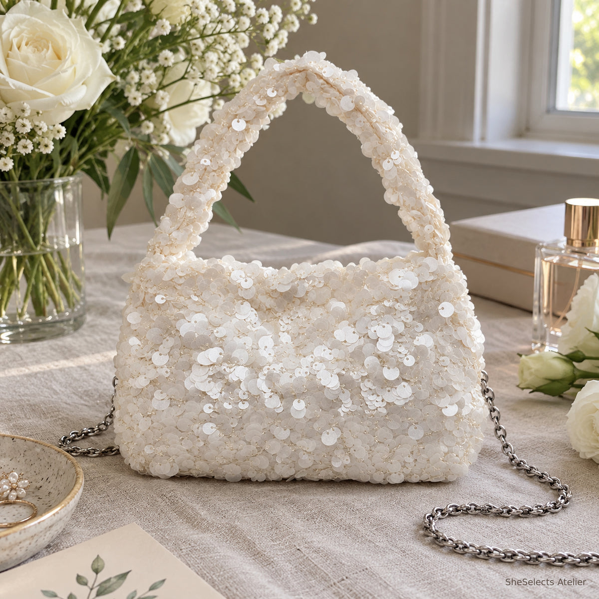 SheSelects Atelier sequin pearl mini bag cream front for wedding and bridesmaid styling