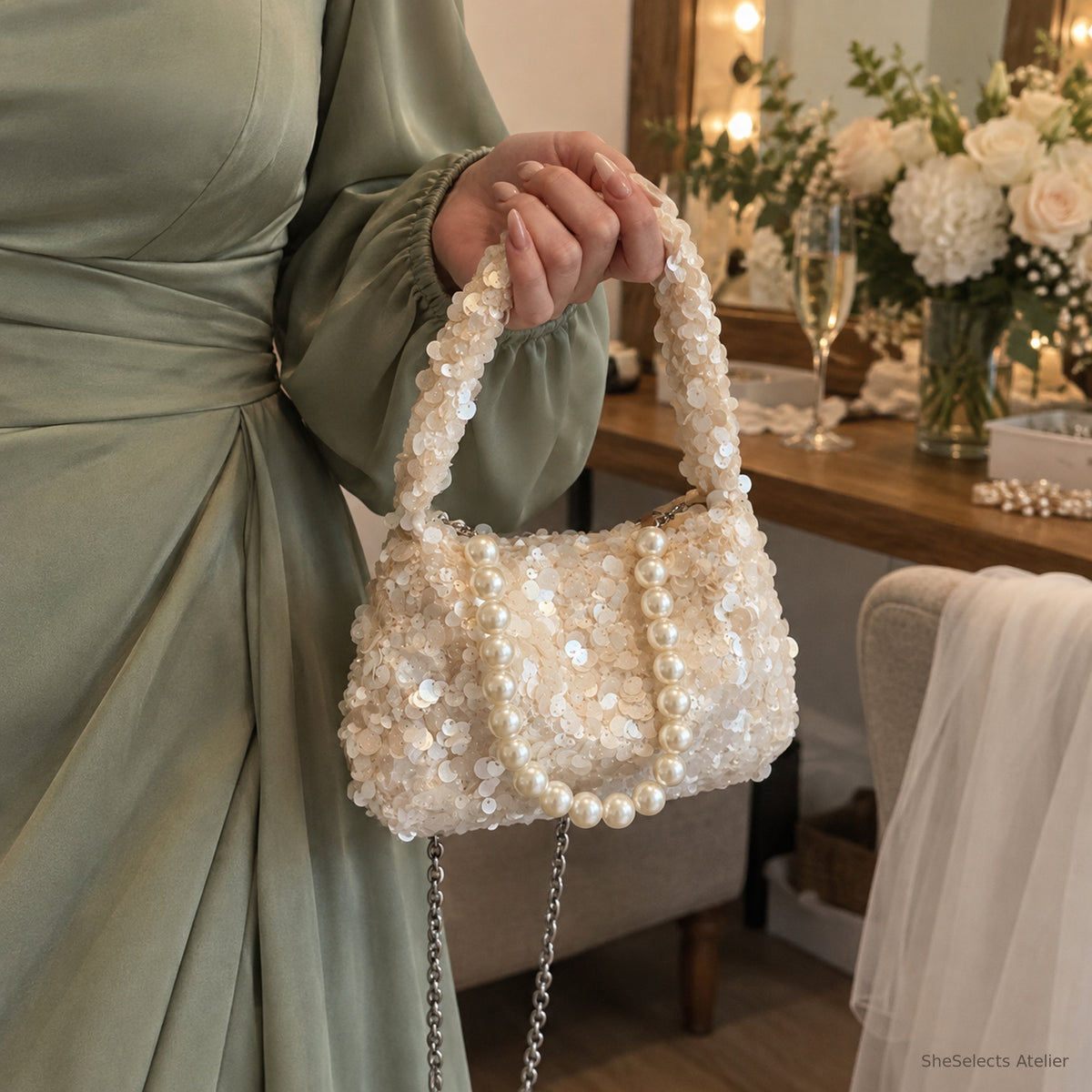 SheSelects Atelier sequin pearl mini bag beige pearl hand for wedding and bridesmaid styling