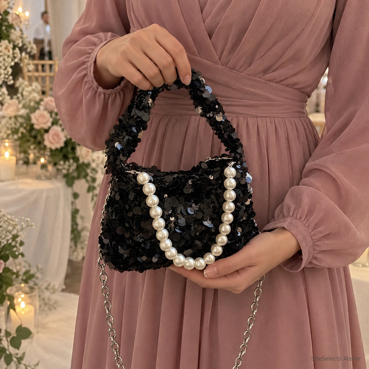 SheSelects Atelier sequin pearl mini bag black pearl hand for wedding and bridesmaid styling