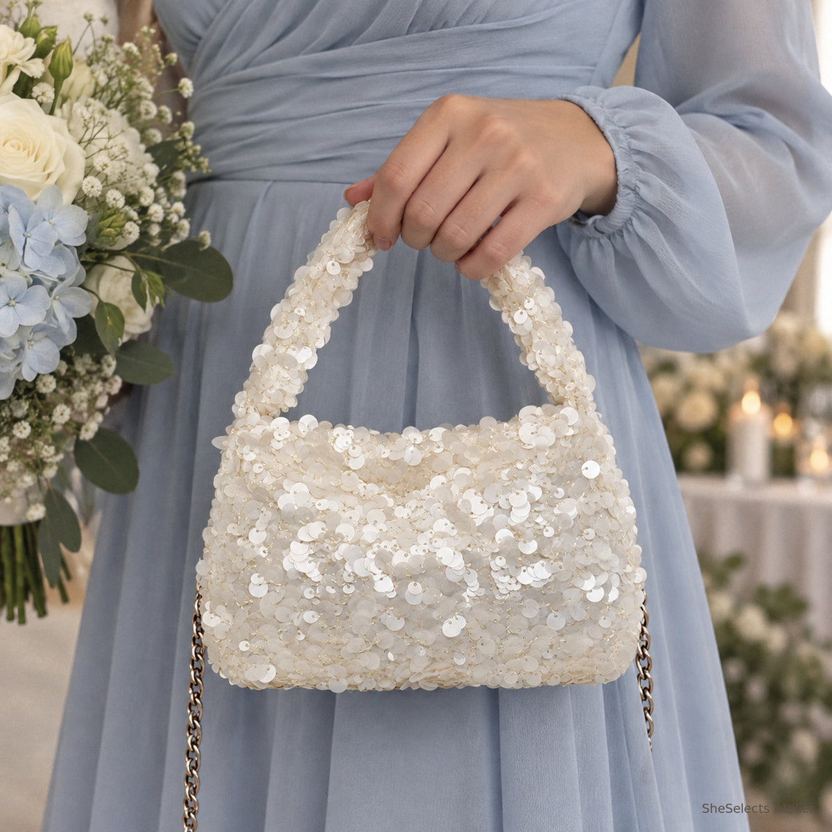 SheSelects Atelier sequin pearl mini bag cream hand for wedding and bridesmaid styling