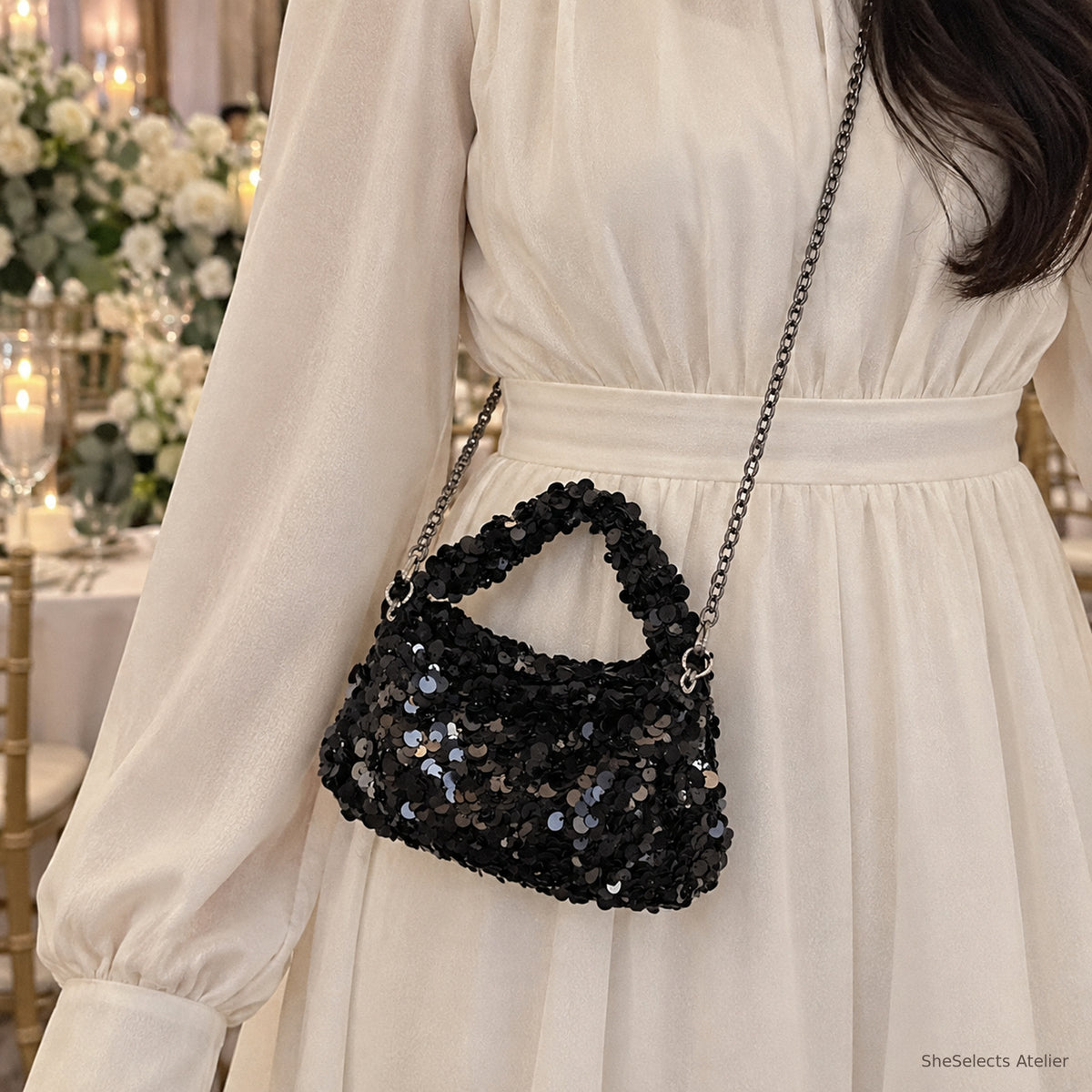 SheSelects Atelier sequin pearl mini bag black hand for wedding and bridesmaid styling