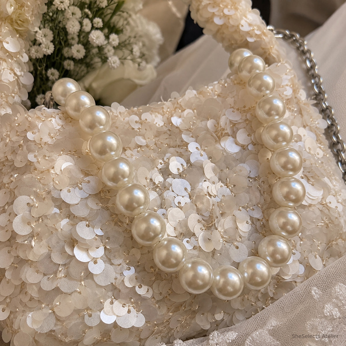 SheSelects Atelier sequin pearl mini bag beige detail for wedding and bridesmaid styling