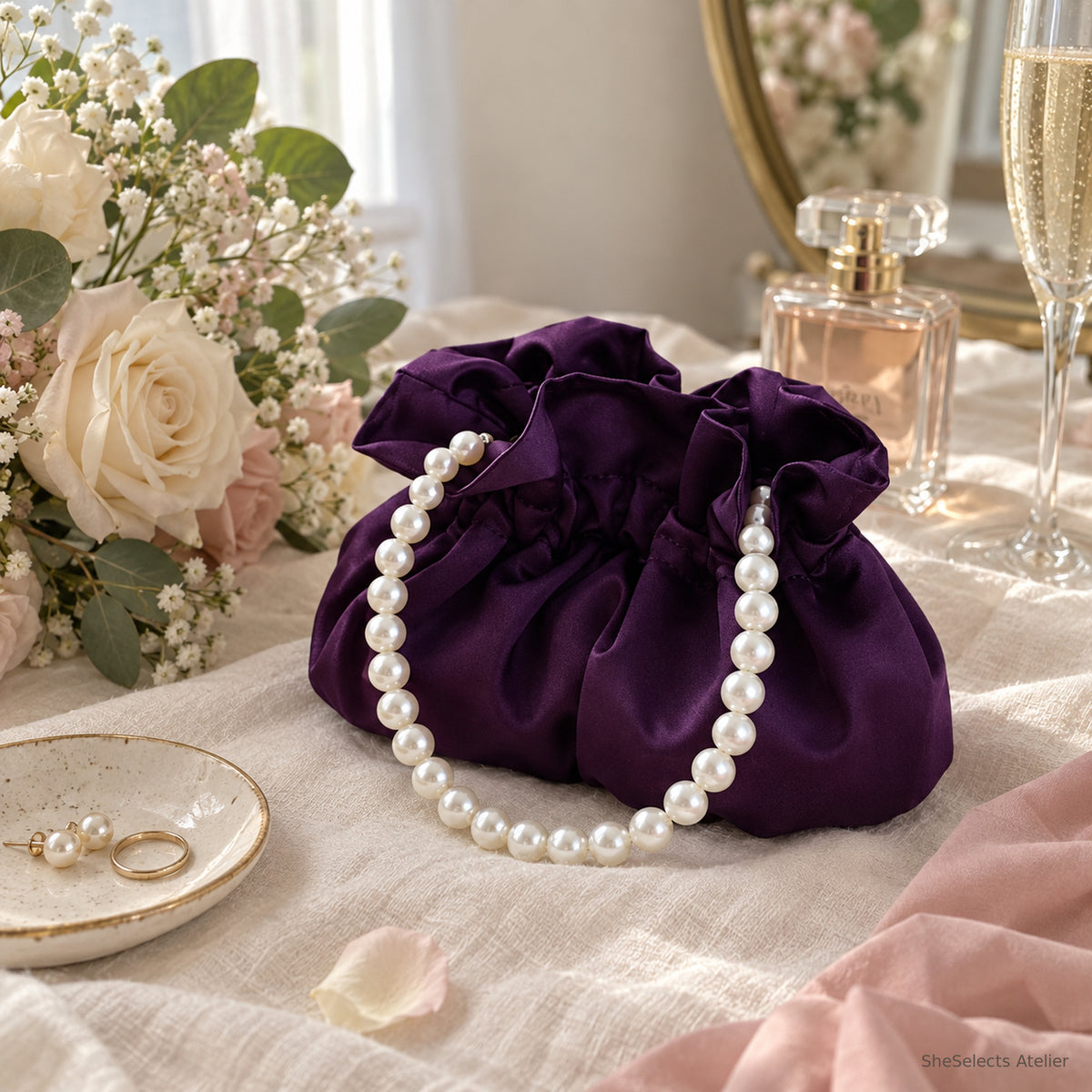 SheSelects Atelier pearl handle satin pouch purple front for wedding bridesmaid style