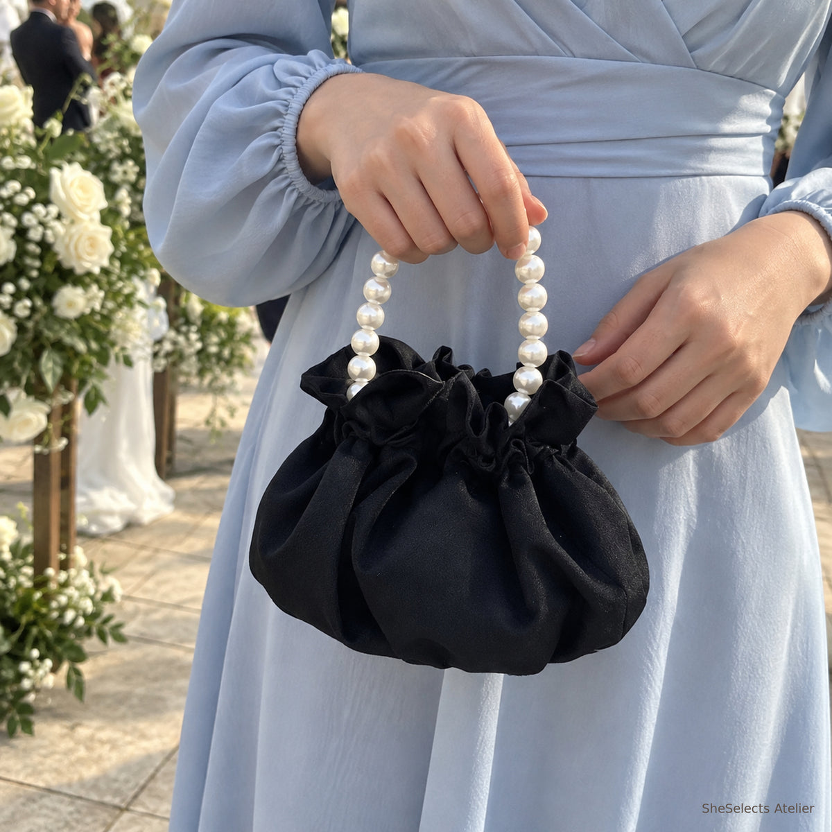 SheSelects Atelier pearl handle satin pouch black hand for wedding bridesmaid style