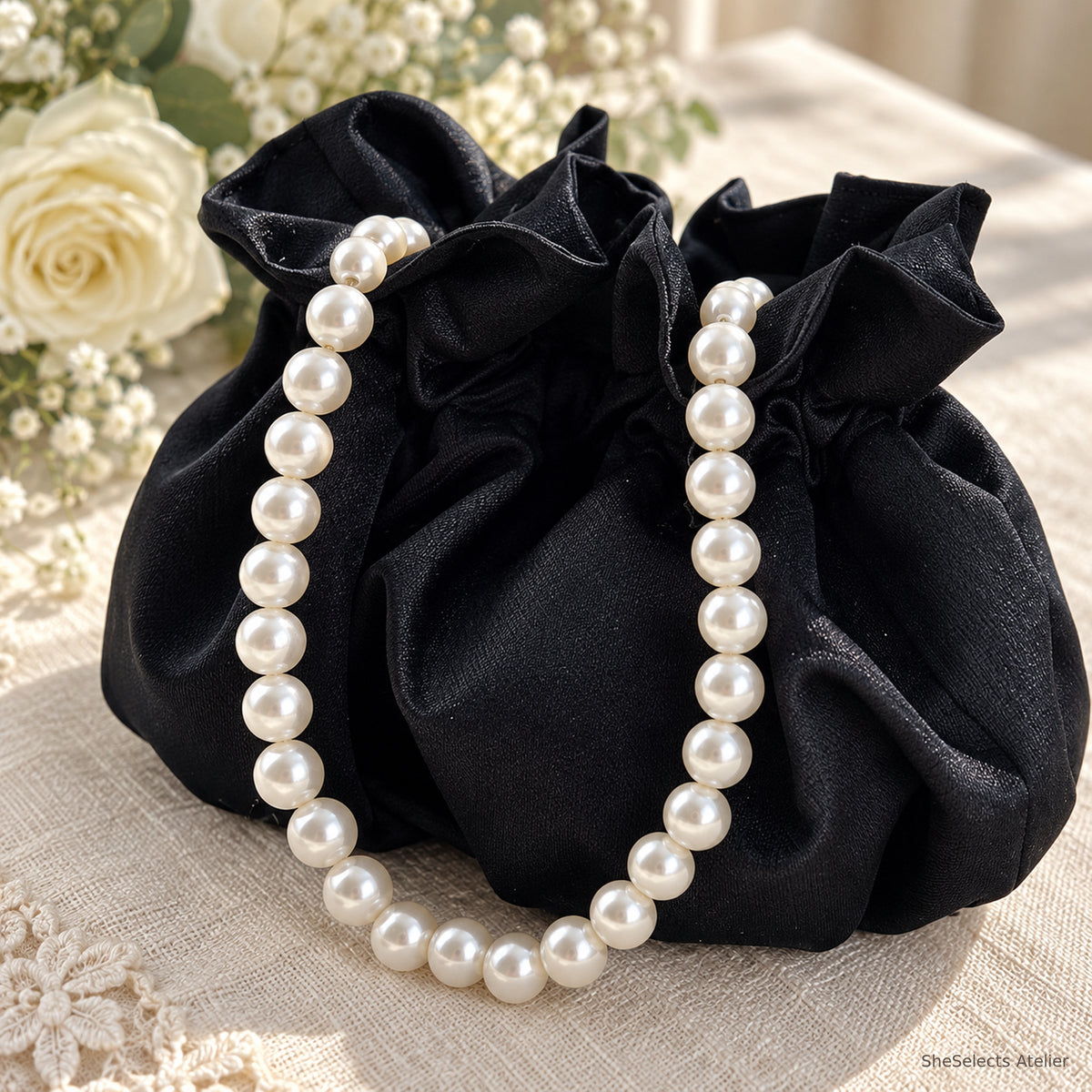 SheSelects Atelier pearl handle satin pouch black detail for wedding bridesmaid style