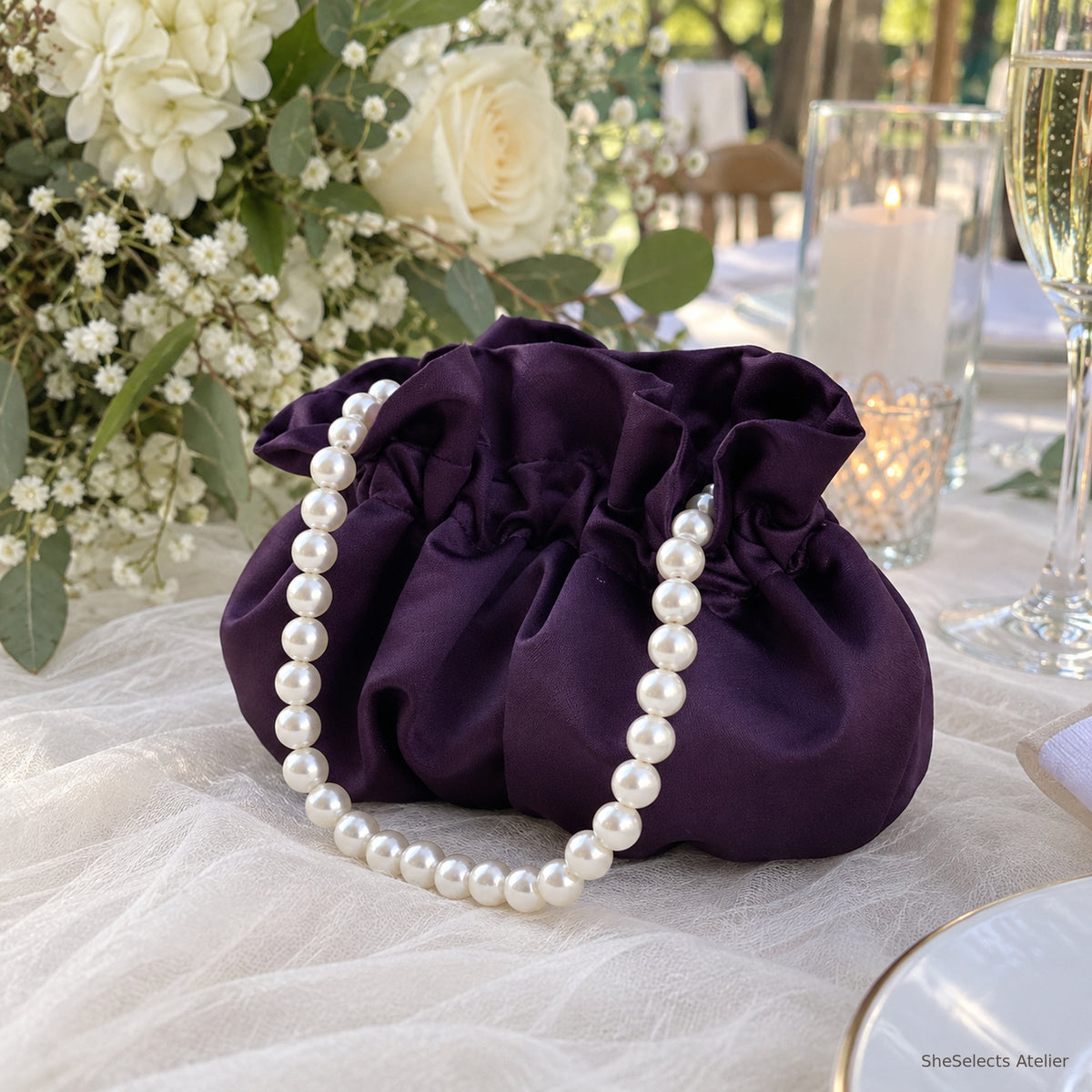 SheSelects Atelier pearl handle satin pouch purple detail for wedding bridesmaid style