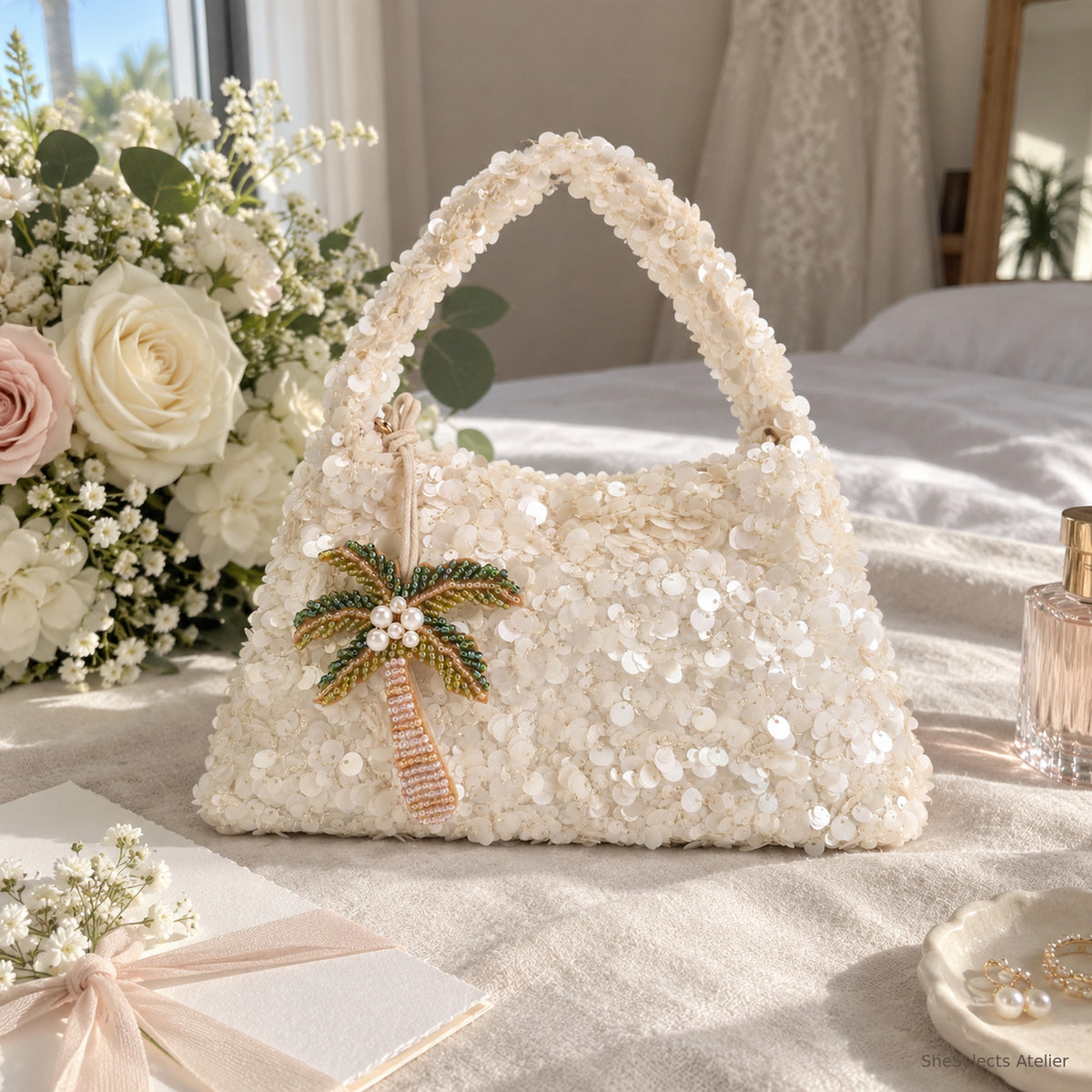 SheSelects Atelier sequin bag palm front for wedding bridesmaid weekend
